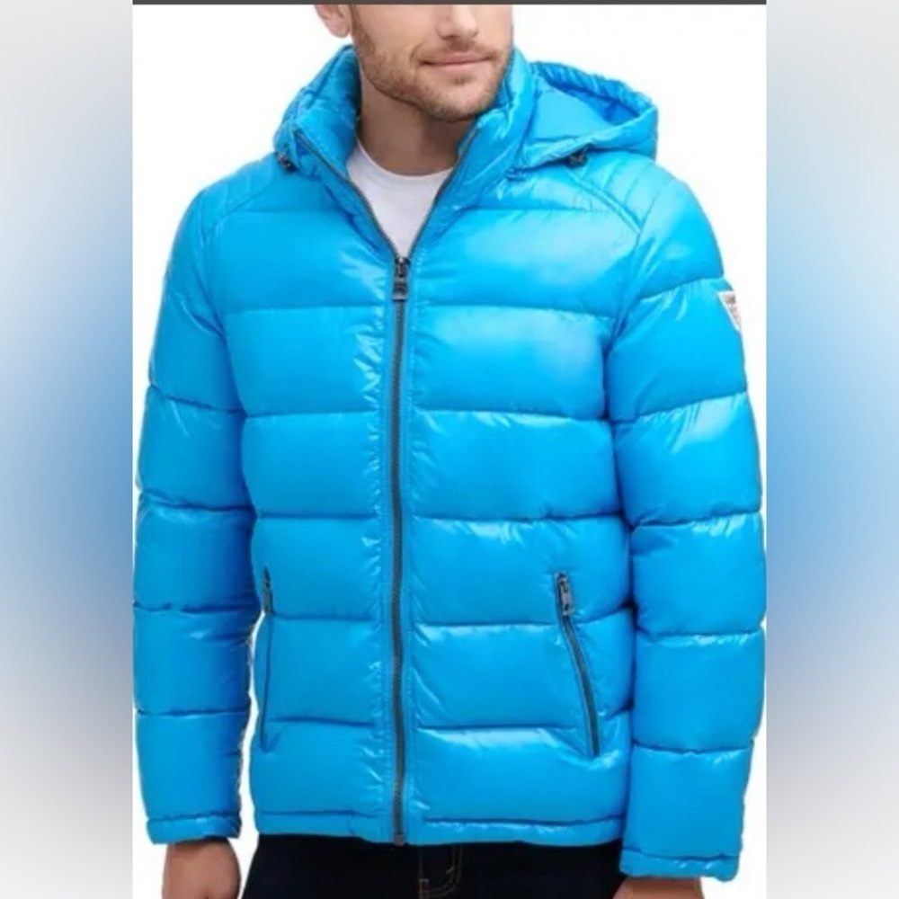 Guess Men's QUILTED ZIP UP PUFFER JACKET IN SKY /Aqua NWT- size medium